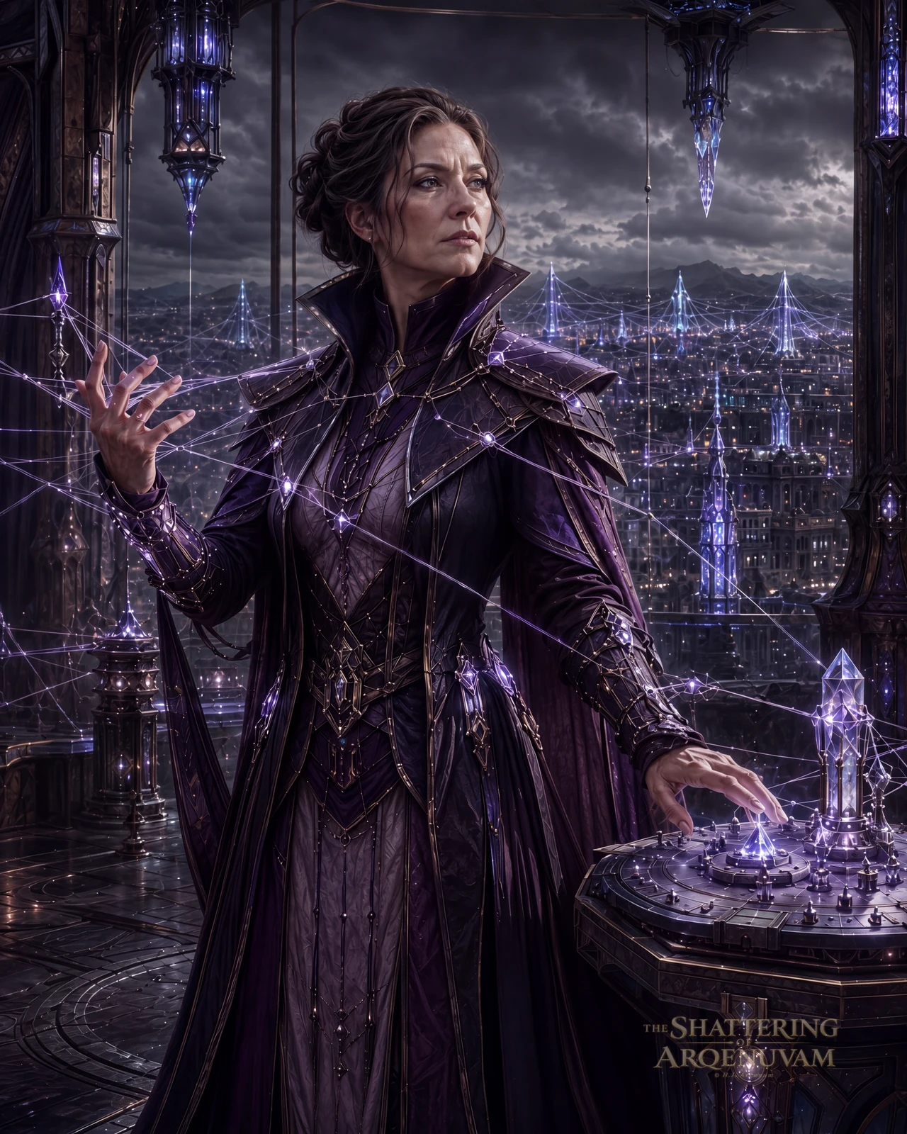 Woman in purple-gold robes weaving violet light around a crystal instrument above a storm-lit city.