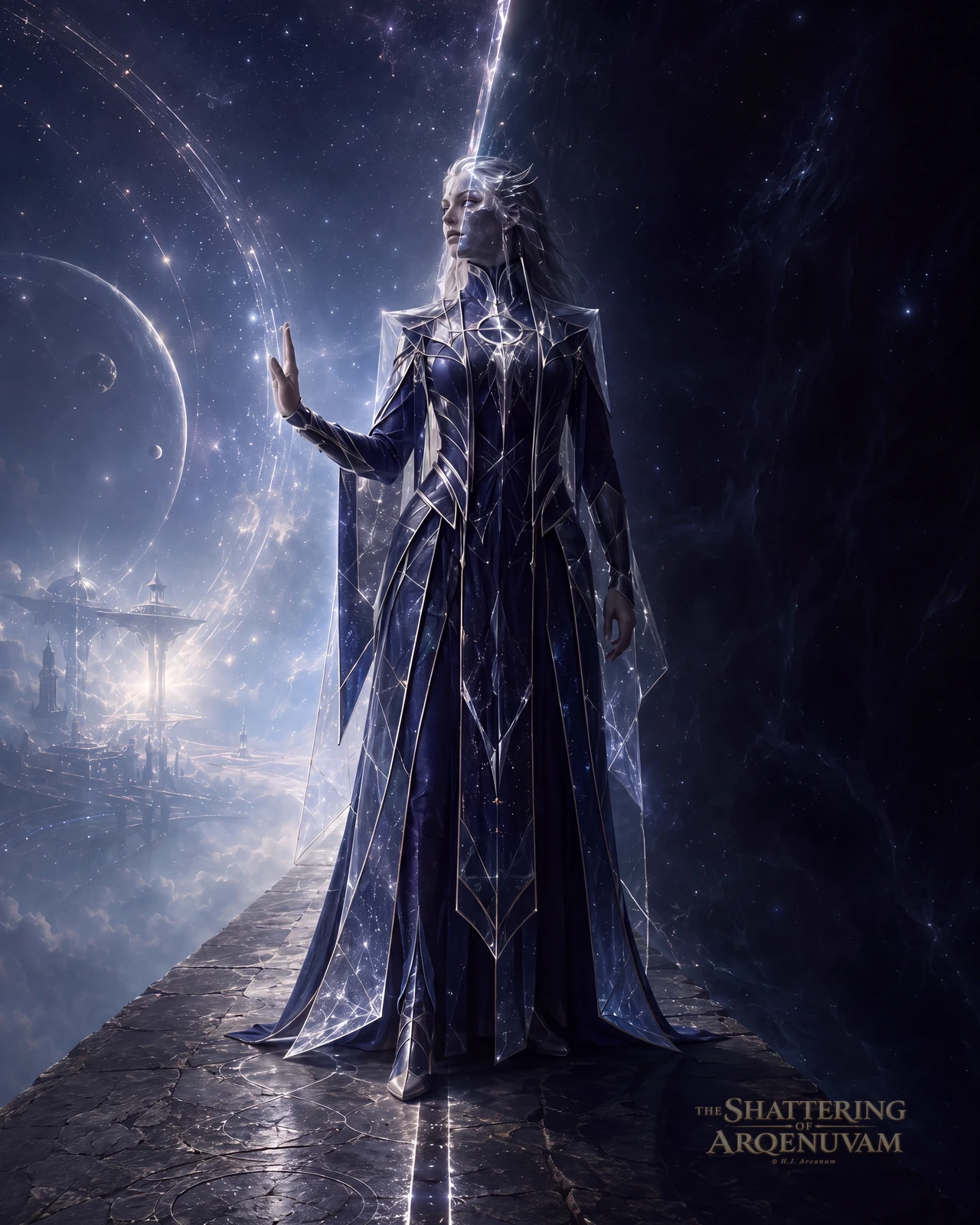 White-haired figure in a starlit blue robe standing on a cosmic walkway, one hand raised to a beam of light.