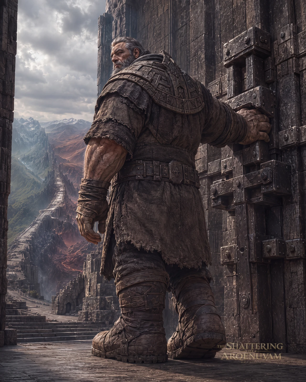 Immense stone-clad giant closing a runic fortress door above a mountain valley.