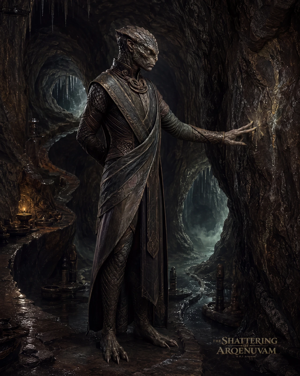 Serpentine figure in layered robes tracing a glowing mark on a cavern wall by lamplight.