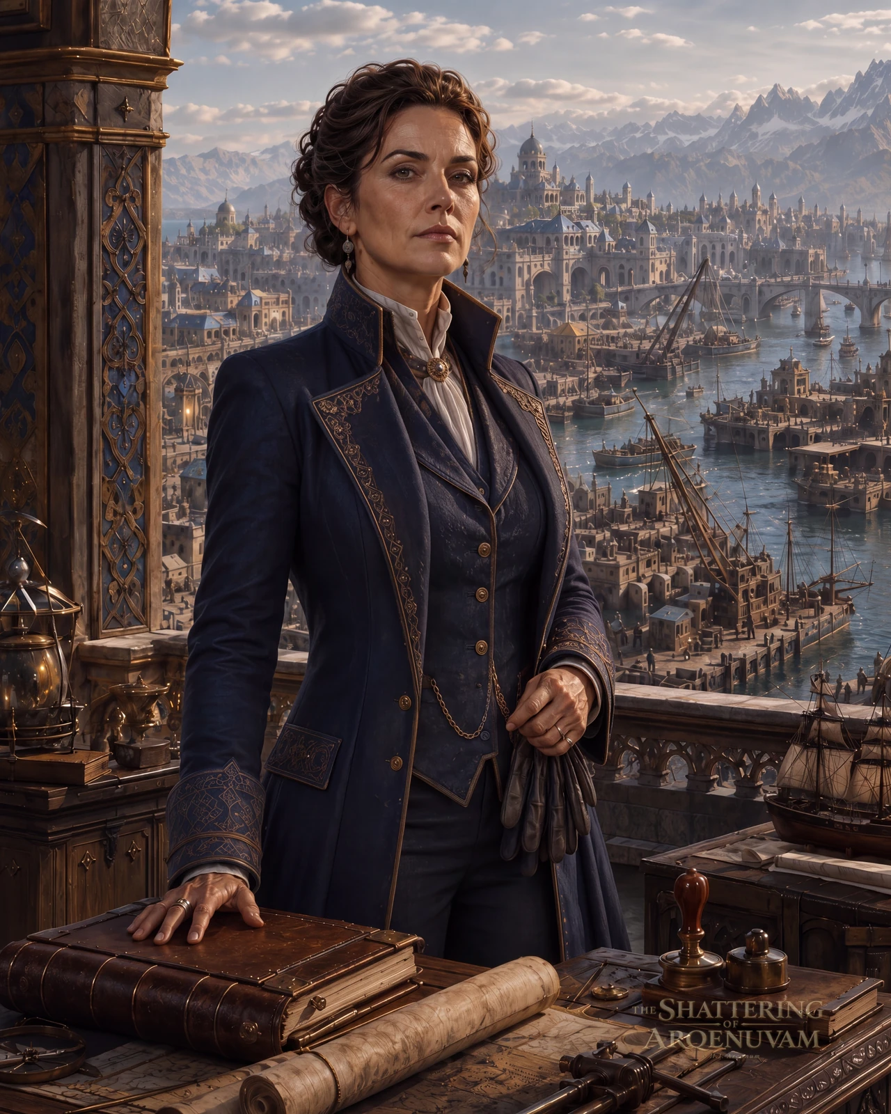 Woman in a gold-trimmed navy coat standing at a balcony desk above a harbour city.