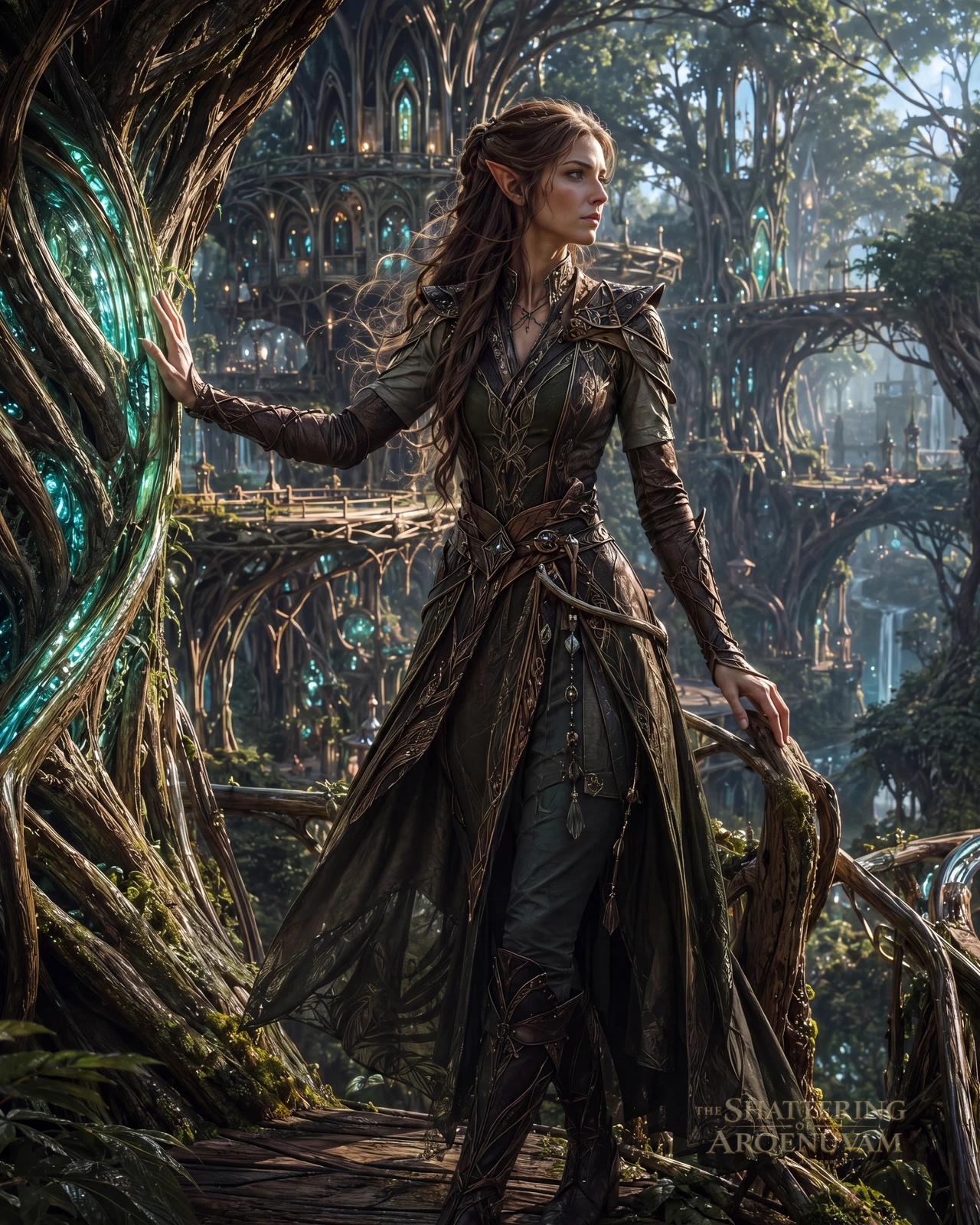 Elven woman in forest leathers resting a hand on a glowing tree within a city grown from living wood.