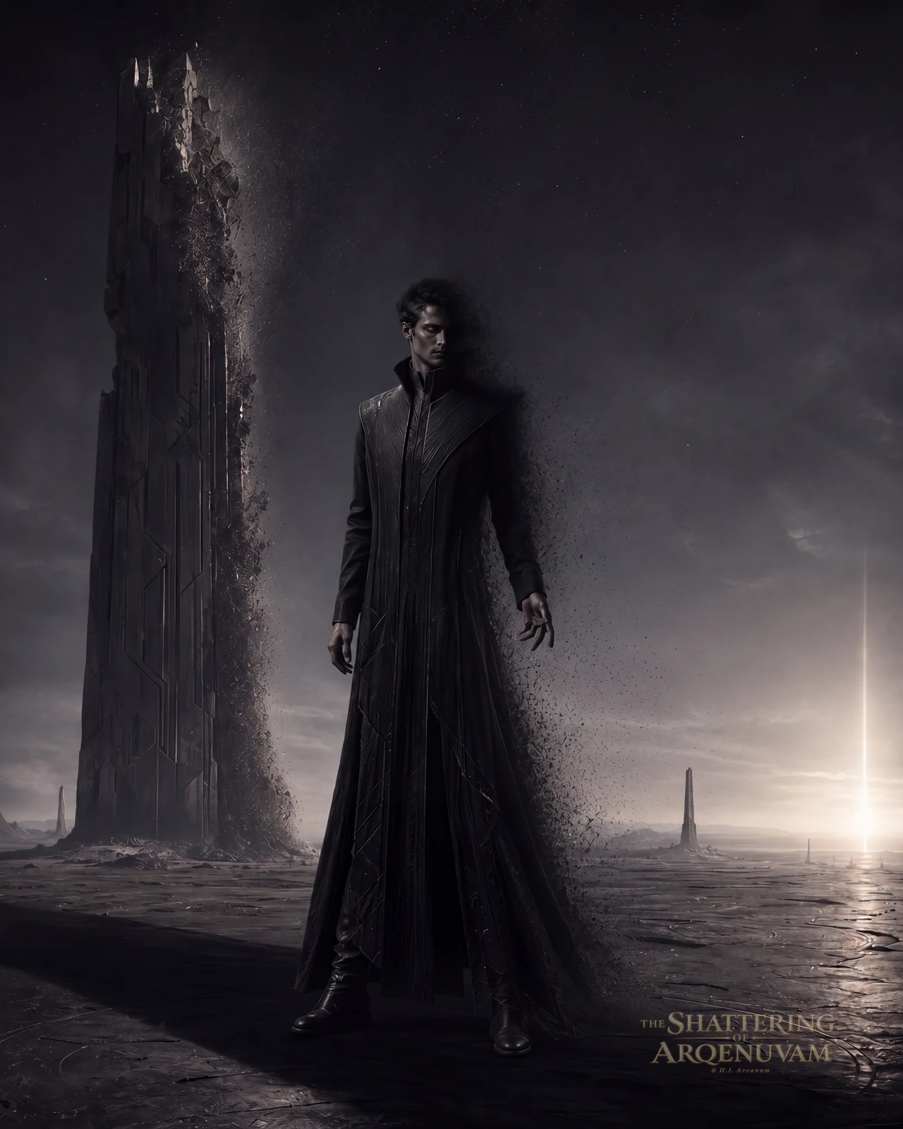 Dark-coated figure standing in a barren grey landscape as their form dissolves into drifting shadow.