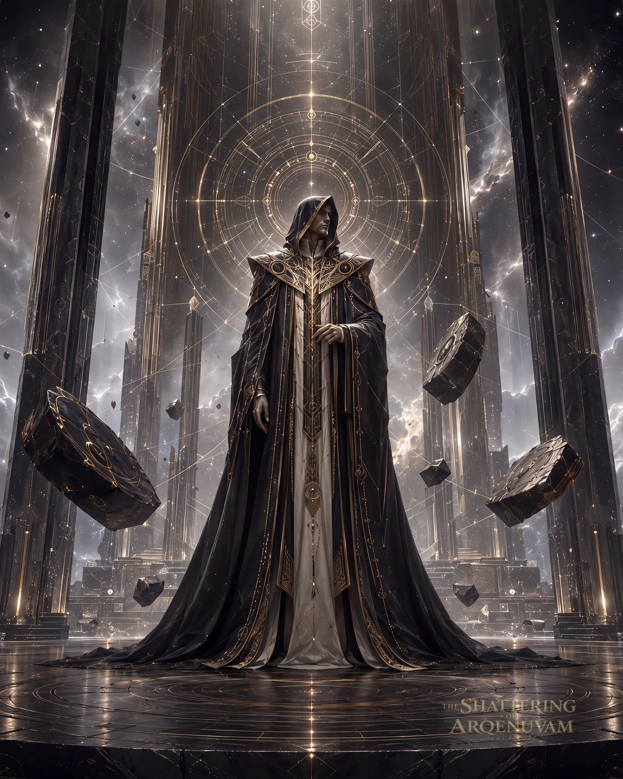Hooded figure in a dark gold-trimmed cloak standing among starlit columns and floating stone rings.