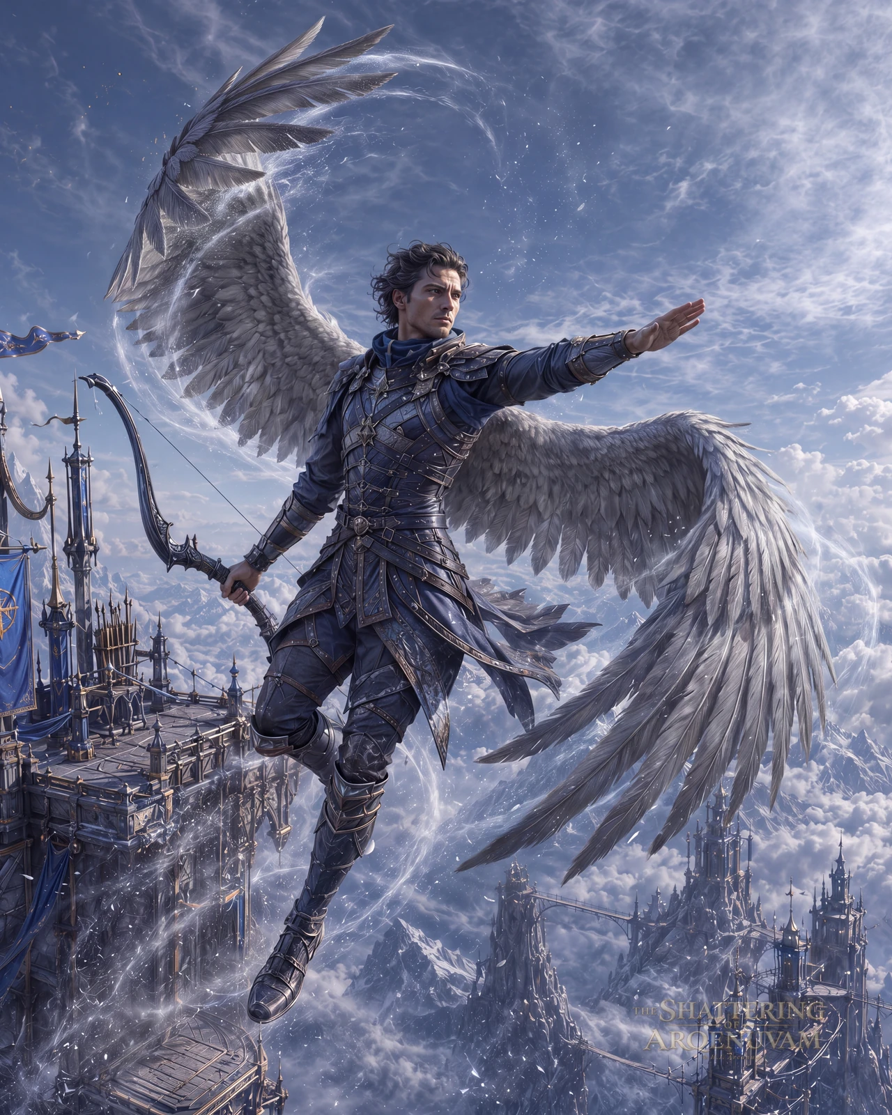 Winged warrior in blue armour hovering above cloud-wrapped towers, bow in one hand.
