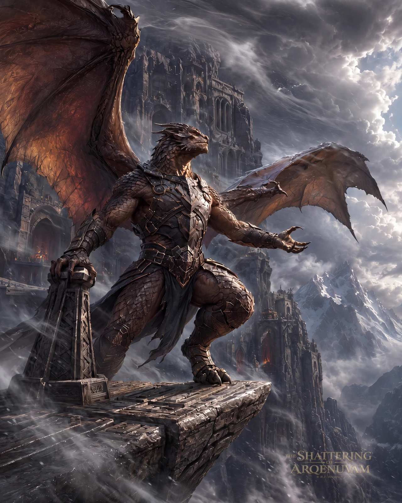Winged Dragonkin warrior in bronze-scale armour perched on a cliff before a storm-swept fortress.