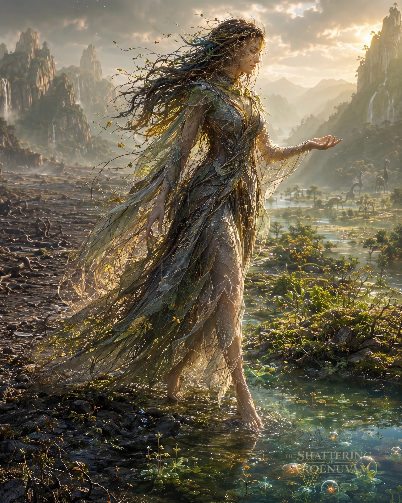 Barefoot figure in leaf-woven robes walking from barren ground into a sunlit mountain pool.