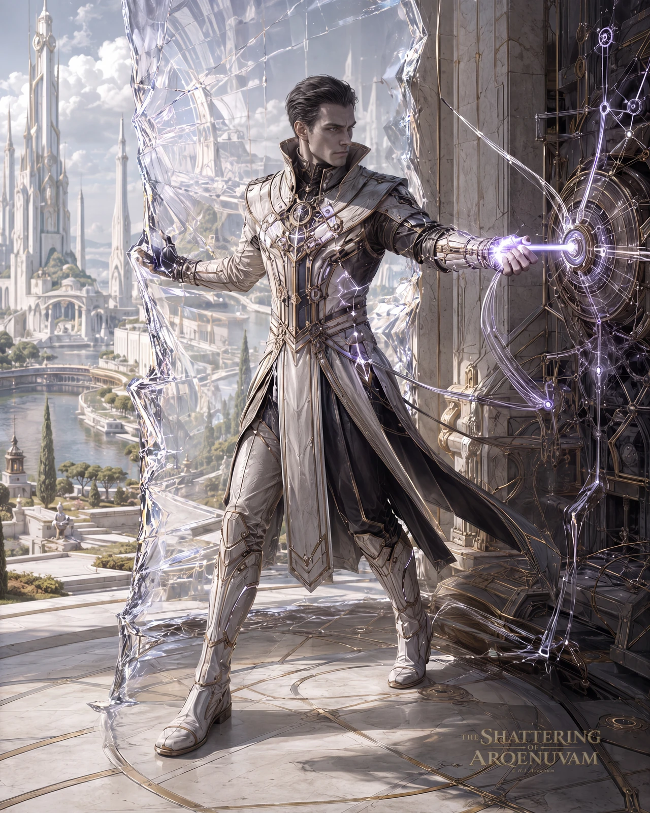 Figure in pale gold armour parting a veil of glass-like energy beside a sunlit white city.