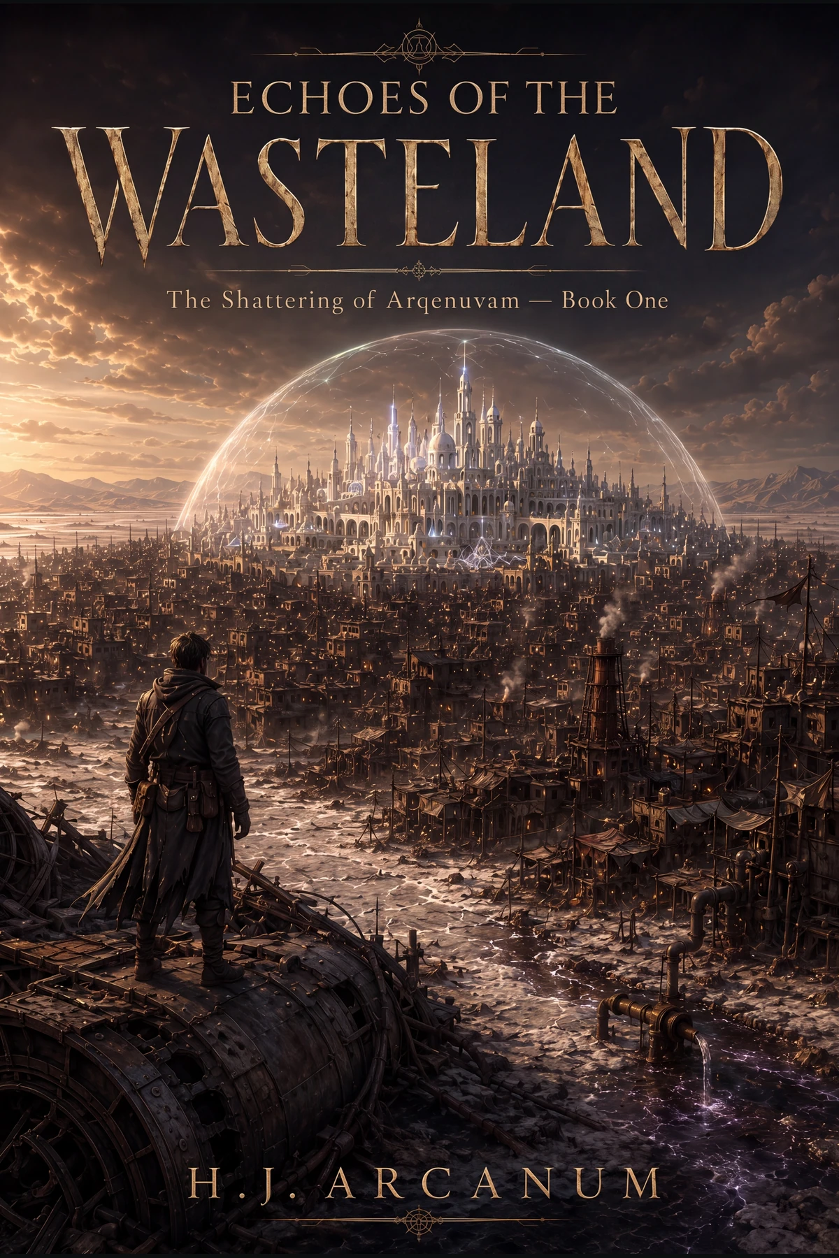 A lone traveler stands on rusted wreckage in a barren waste, facing a white-spired city held inside a shimmering golden dome.