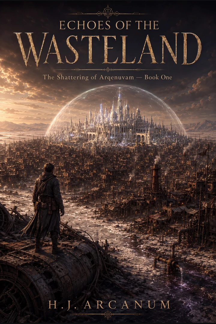 A lone traveler stands on rusted wreckage in a barren waste, facing a white-spired city held inside a shimmering golden dome.
