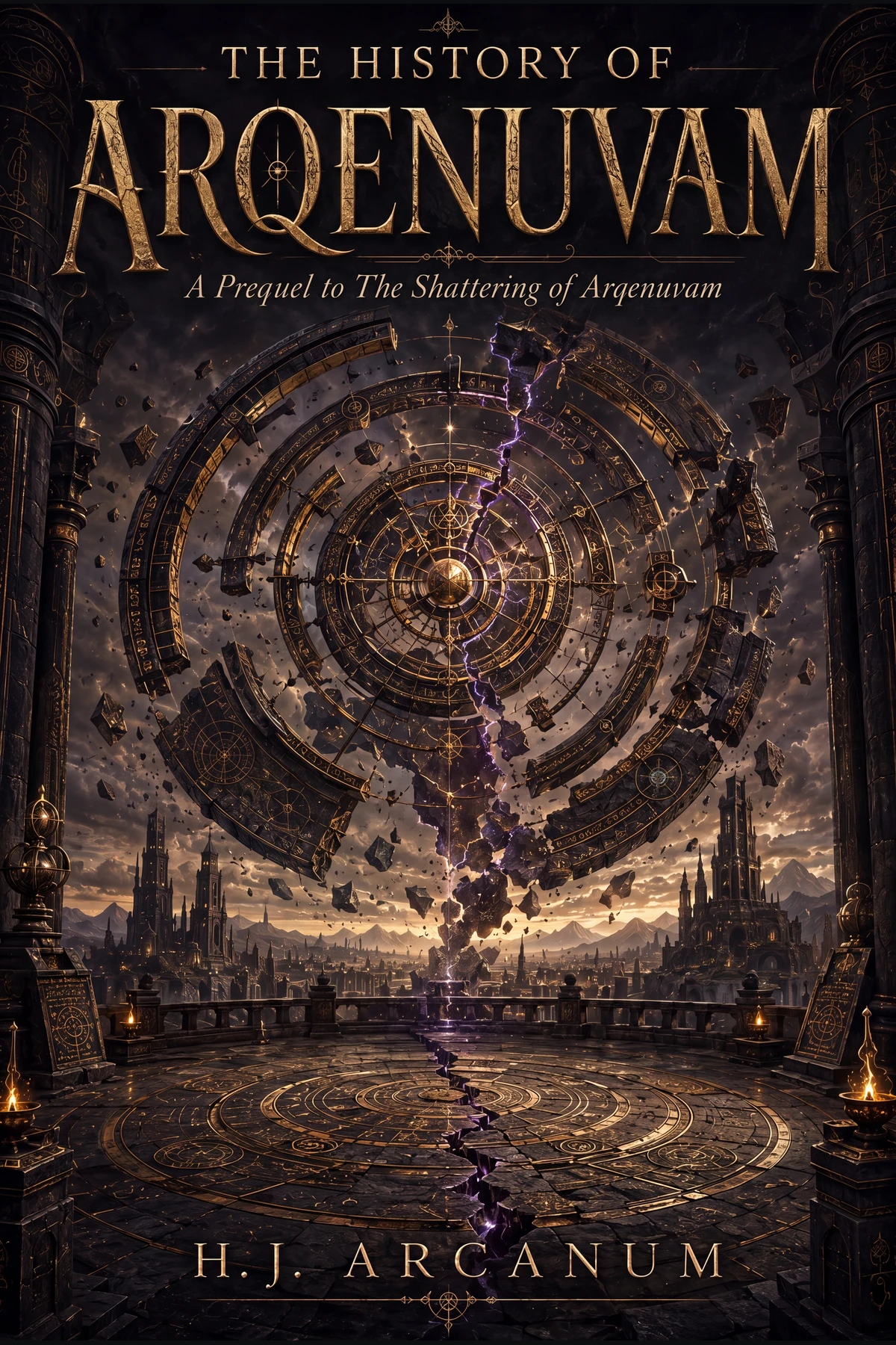 Concentric golden rings and broken stone hover above a cracked celestial terrace, opening onto a mountain city under a twilight sky.