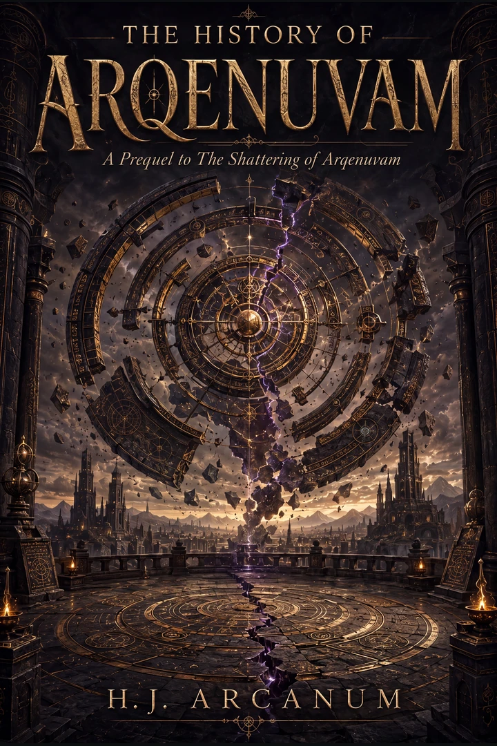 Concentric golden rings and broken stone hover above a cracked celestial terrace, opening onto a mountain city under a twilight sky.