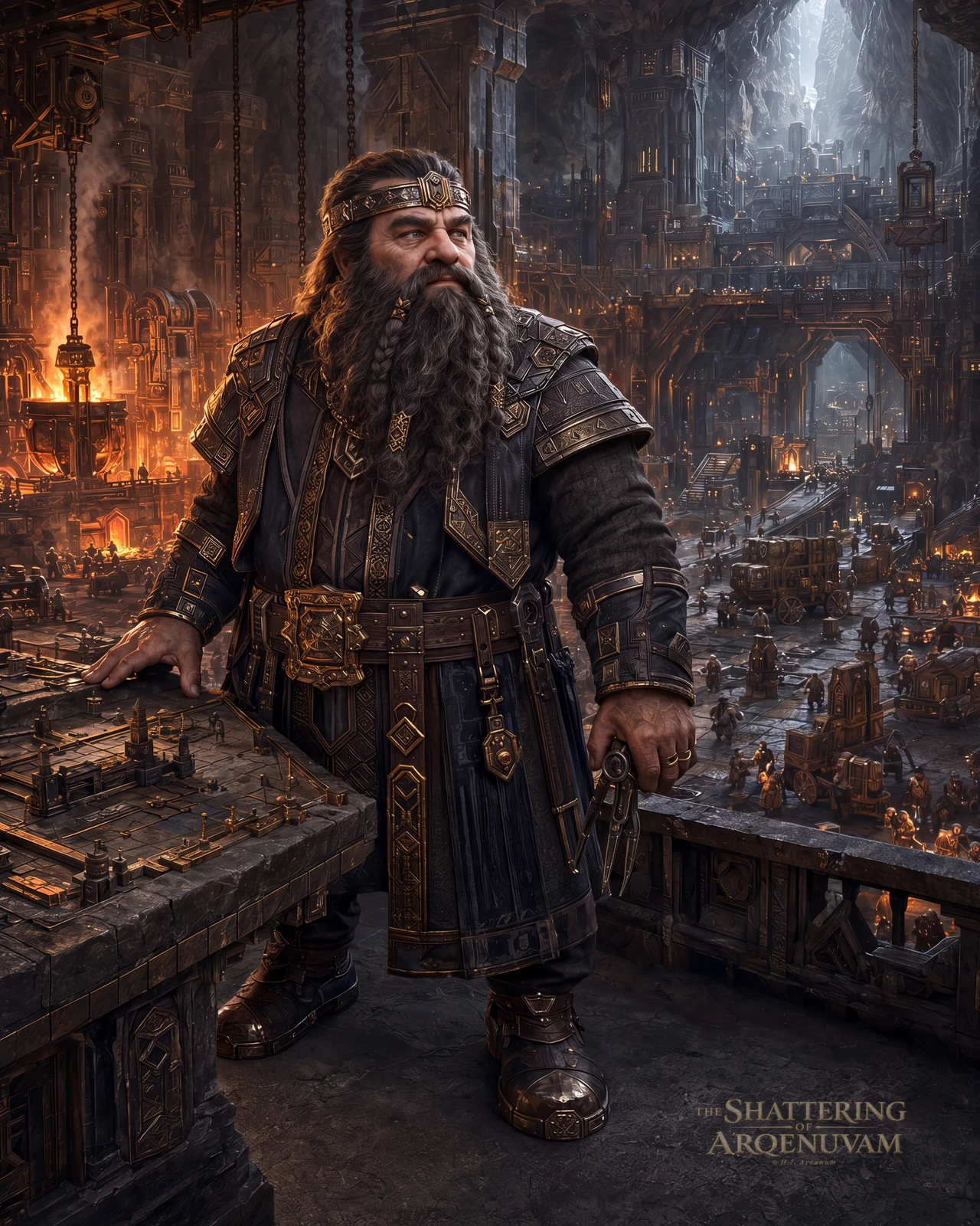 Bearded Dwarf king in gold-inlaid armour standing over a stone table in a vast underground city.