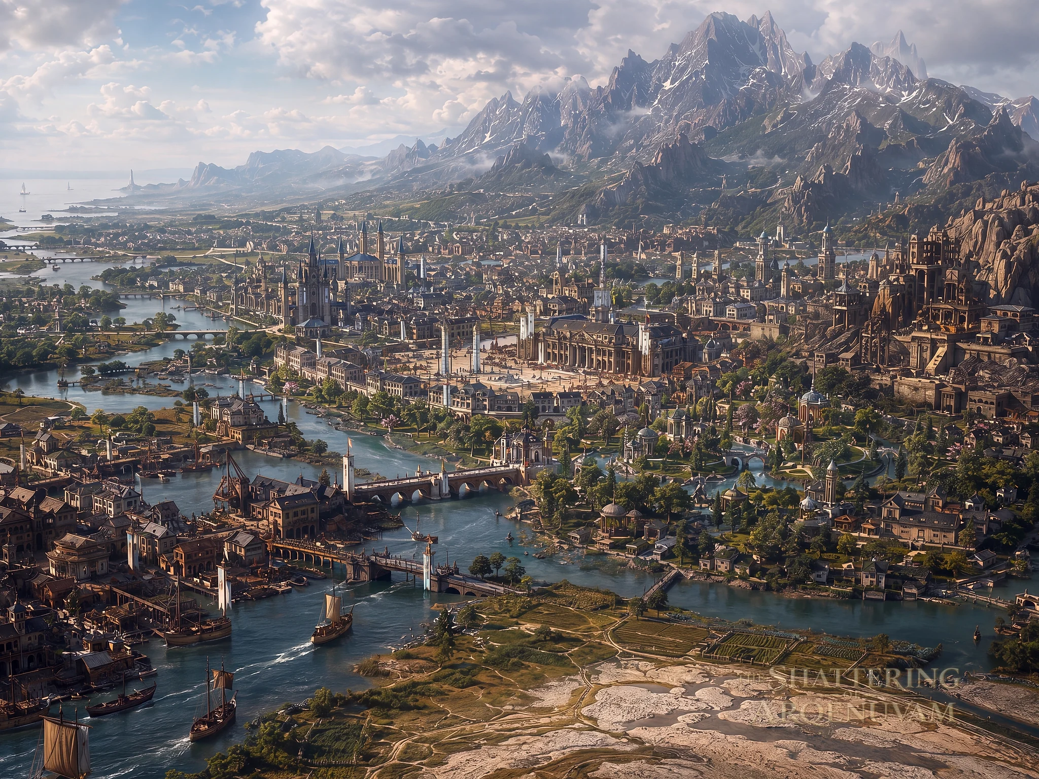 Concordia is a broad multi-species river-delta metropolis at the western foot of the Whispering Peaks, with waterways and bridges linking a civic centre, varied districts, port and trade areas, and cultivated delta lands beneath the mountains.