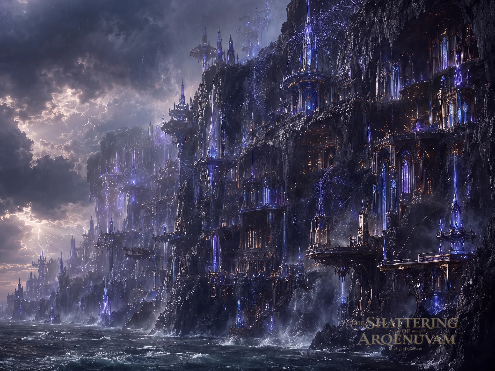 Arcanum rises through storm-dark Sunken Coast cliffs, with violet crystal spires, suspended platforms and arcane galleries woven into the rock above the sea.