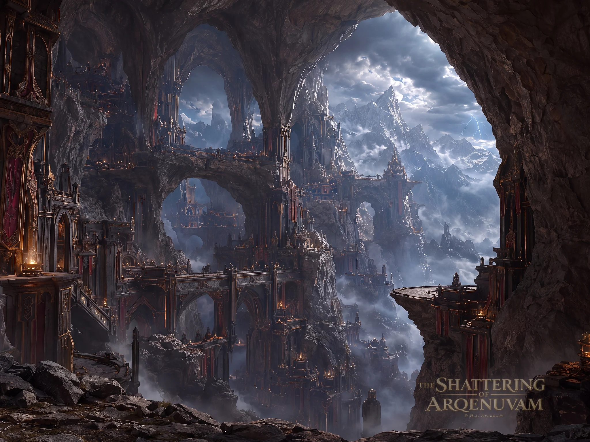Draconia fills immense mountain caverns with fortified galleries, bridges and carved strongholds while storm-lit openings reveal the surrounding Whispering Peaks.
