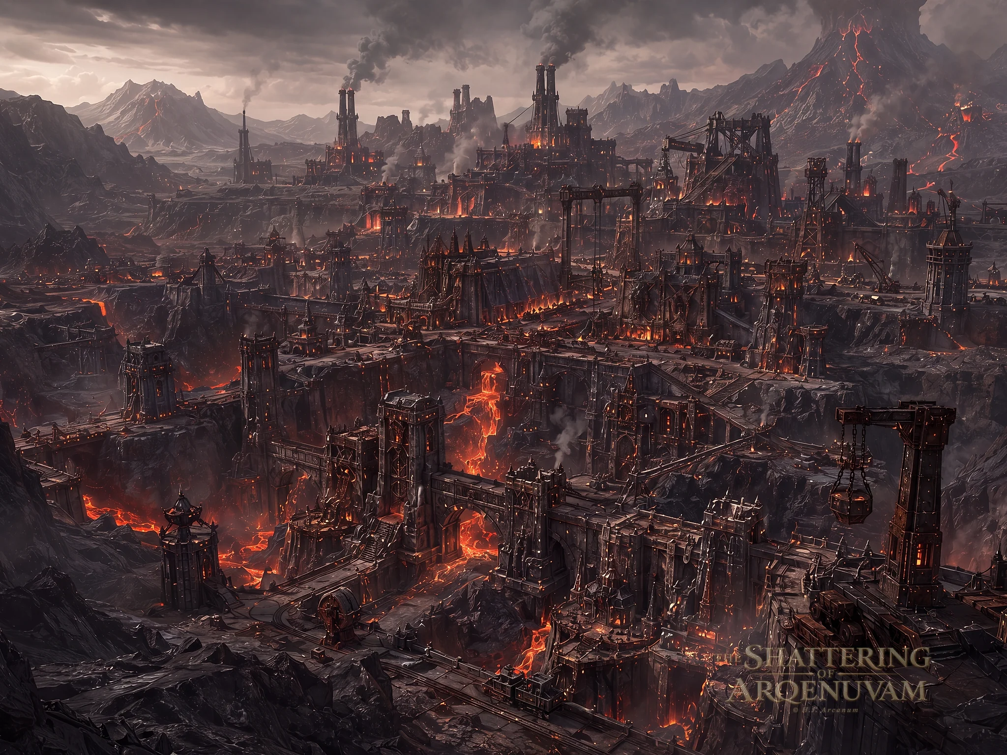 Grolmar fills the volcanic Ashfall Wastes with basalt fortifications, forge halls, industrial towers, bridges and lava-fed foundries.