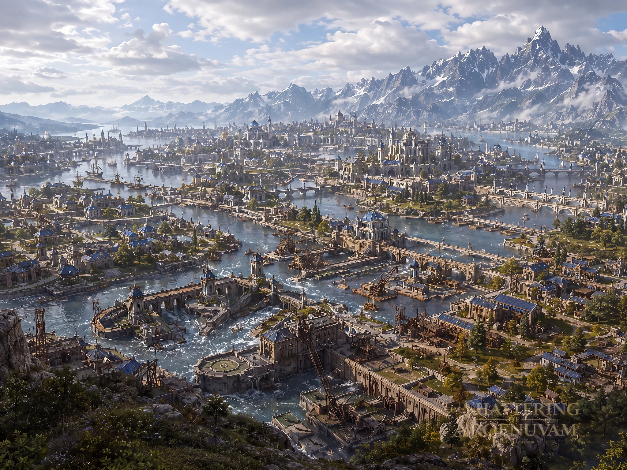 Havenstone spreads across a broad river delta beneath the Whispering Peaks, with blue-roofed districts, bridges, quays, shipyards and civic buildings linked by waterways.