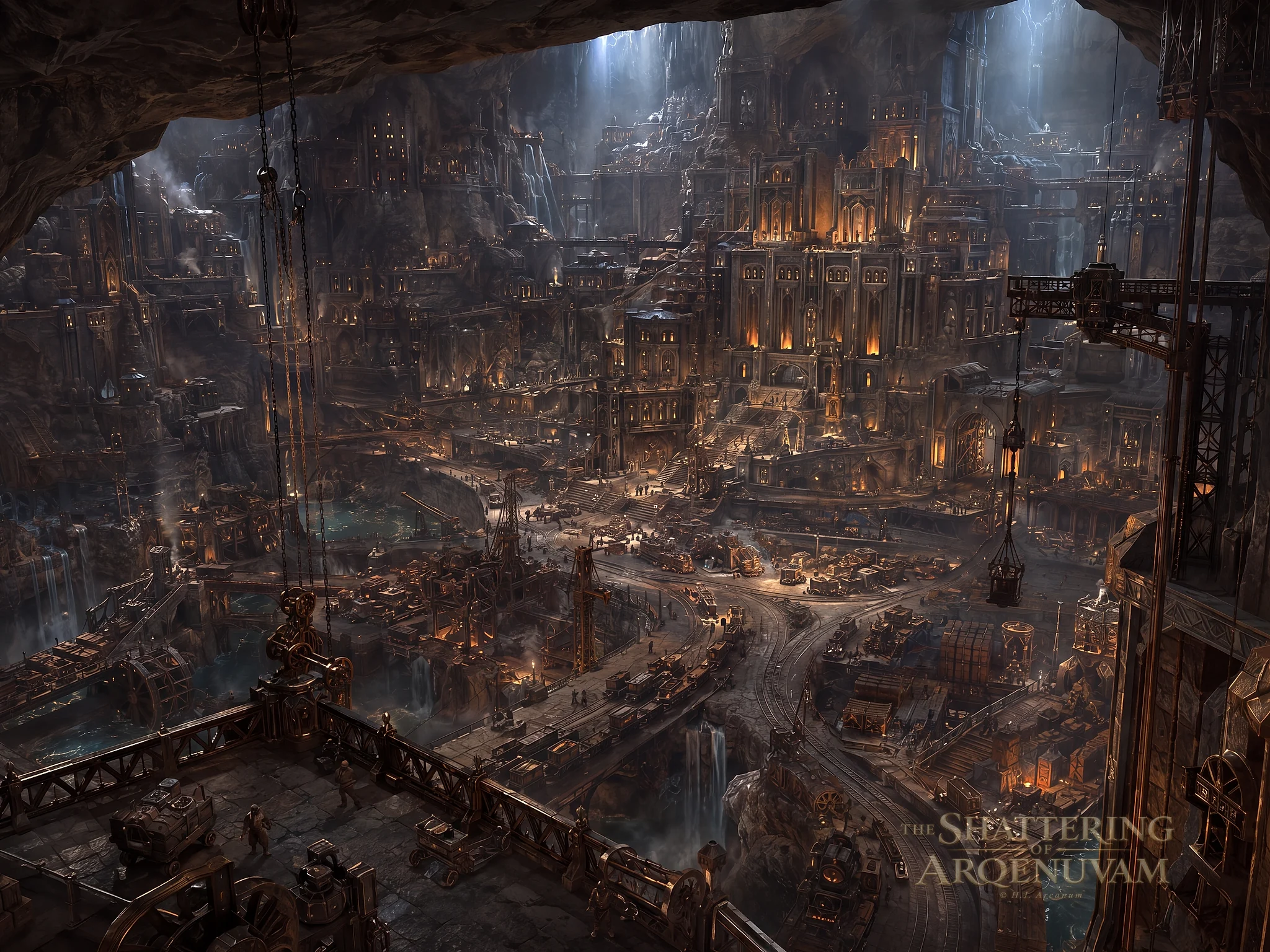 Khazad-Dur occupies a vast excavated cavern of carved stone districts, forge halls, freight rails, cranes, workshops and warm-lit Dwarven engineering.