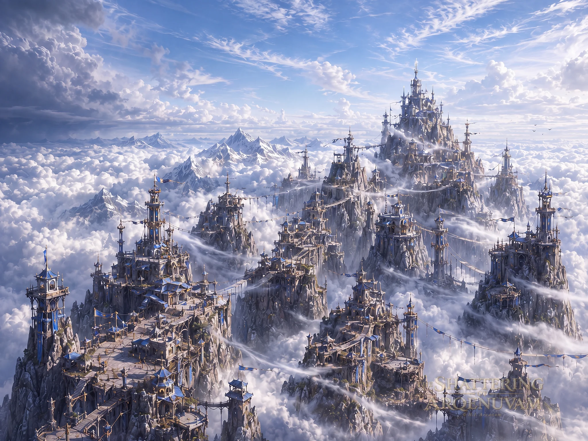 Skyreach spans multiple high mountain summits above a sea of clouds, with pale-stone towers, terraces and hanging bridges connecting the Aerie Folk city network.