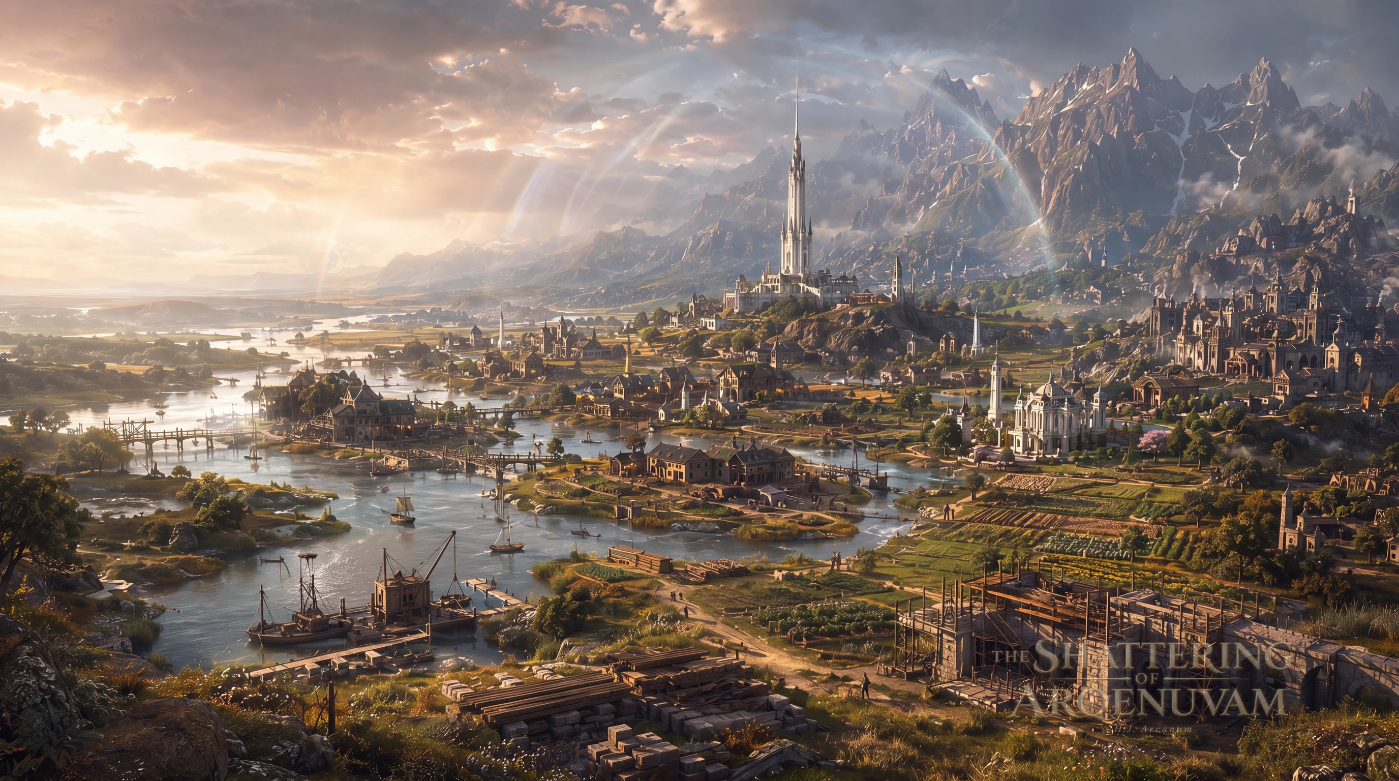 Concordia rising at a river delta, with harbours, scaffolding, farmland, and a white spire beneath pale rings in the sky.