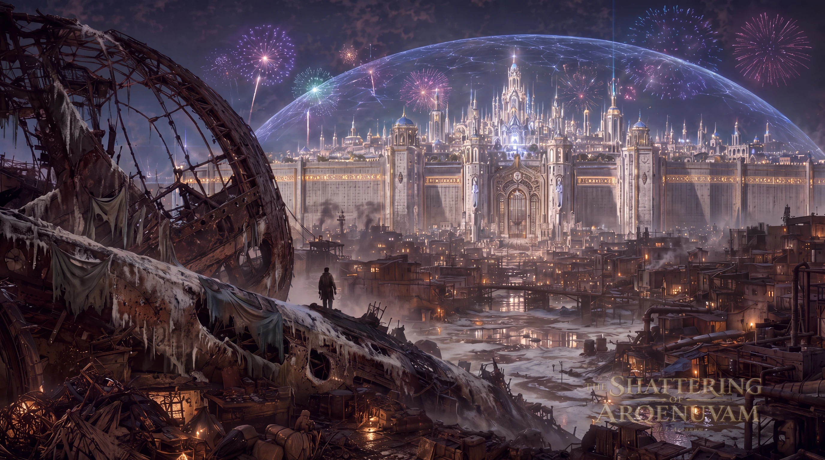 Aetheria at New Year in Edict 3601, with the wreckage and polluted streets of Misery facing the white Anti-Magic Stone wall, Gate of Ascension, and firework-lit Radiant beneath its magical Dome.