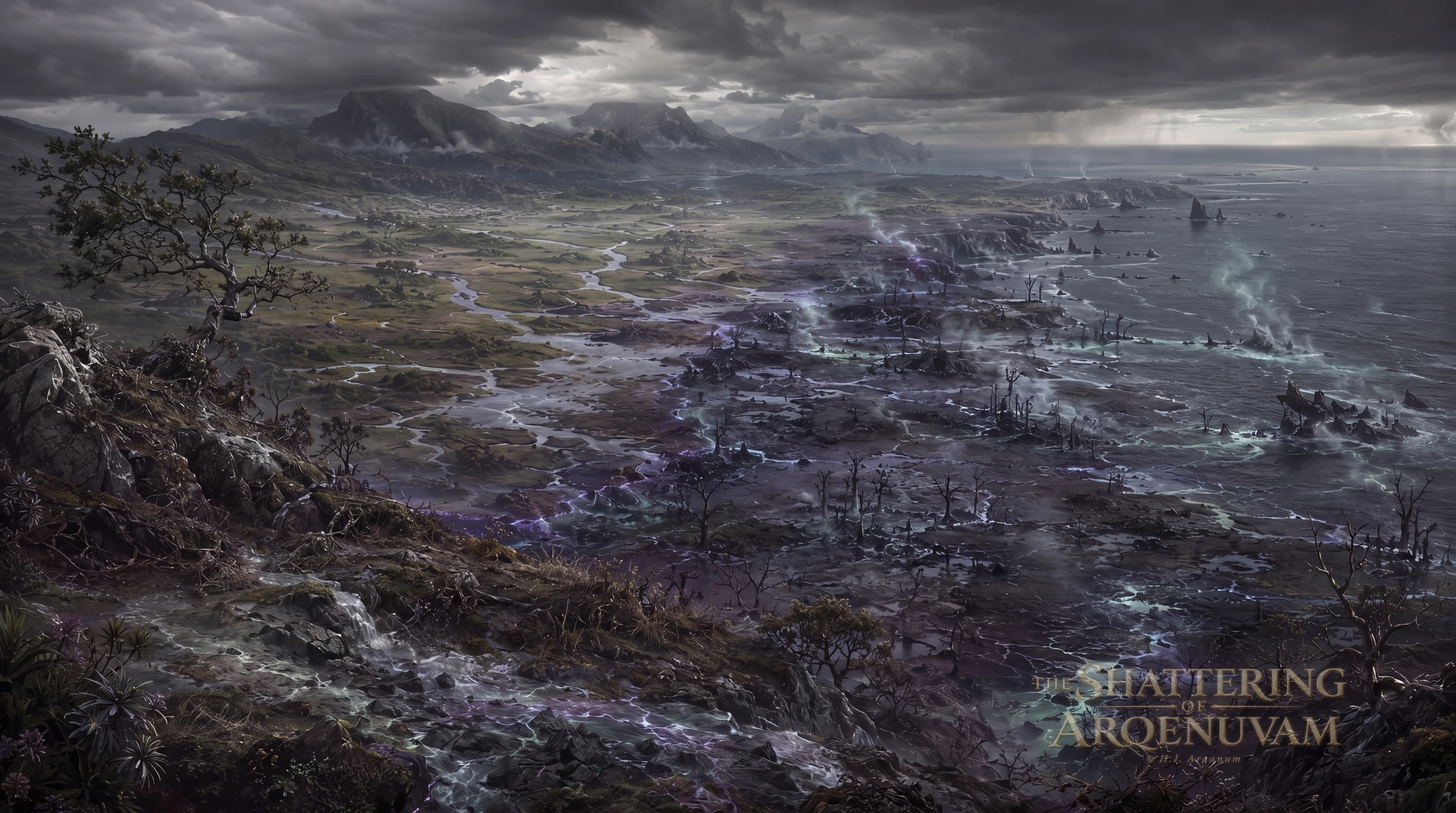 The Veridian Shore after the war, its waterways glowing with plague-light as the coast darkens toward the Sunken Coast.