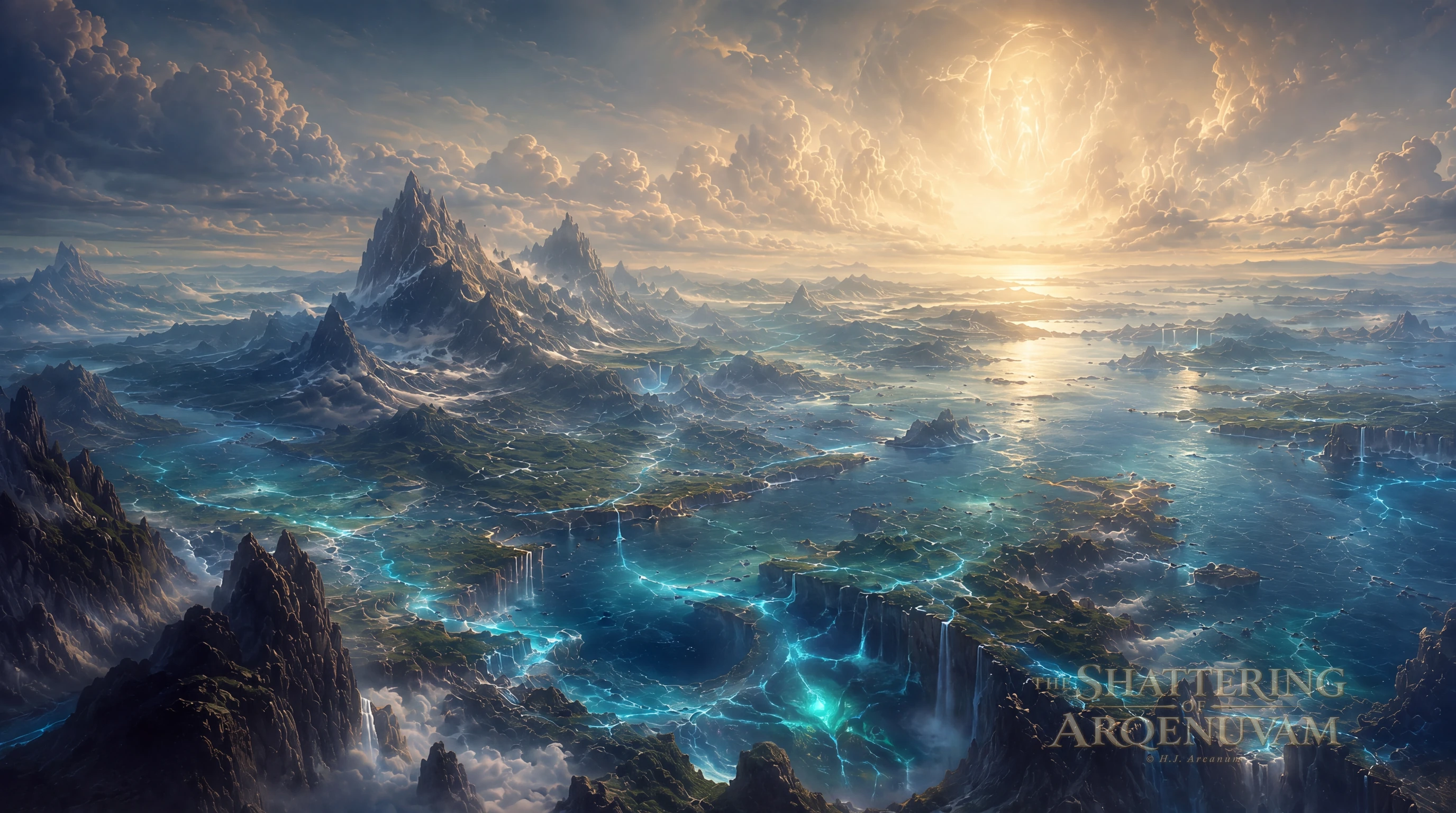 A primordial Arqenuvam of jagged mountains, waterfall islands, and glowing waters under a breaking golden light.