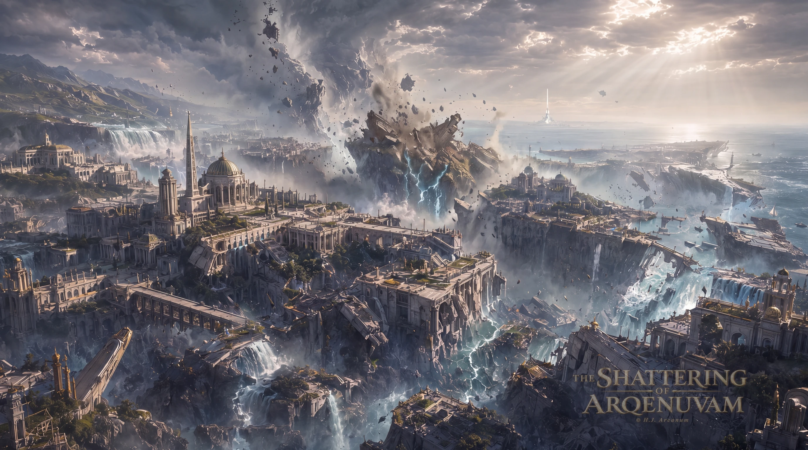 Veridia, the First City, torn apart as palaces, bridges, and cliffs rise into a sundering storm above the sea.