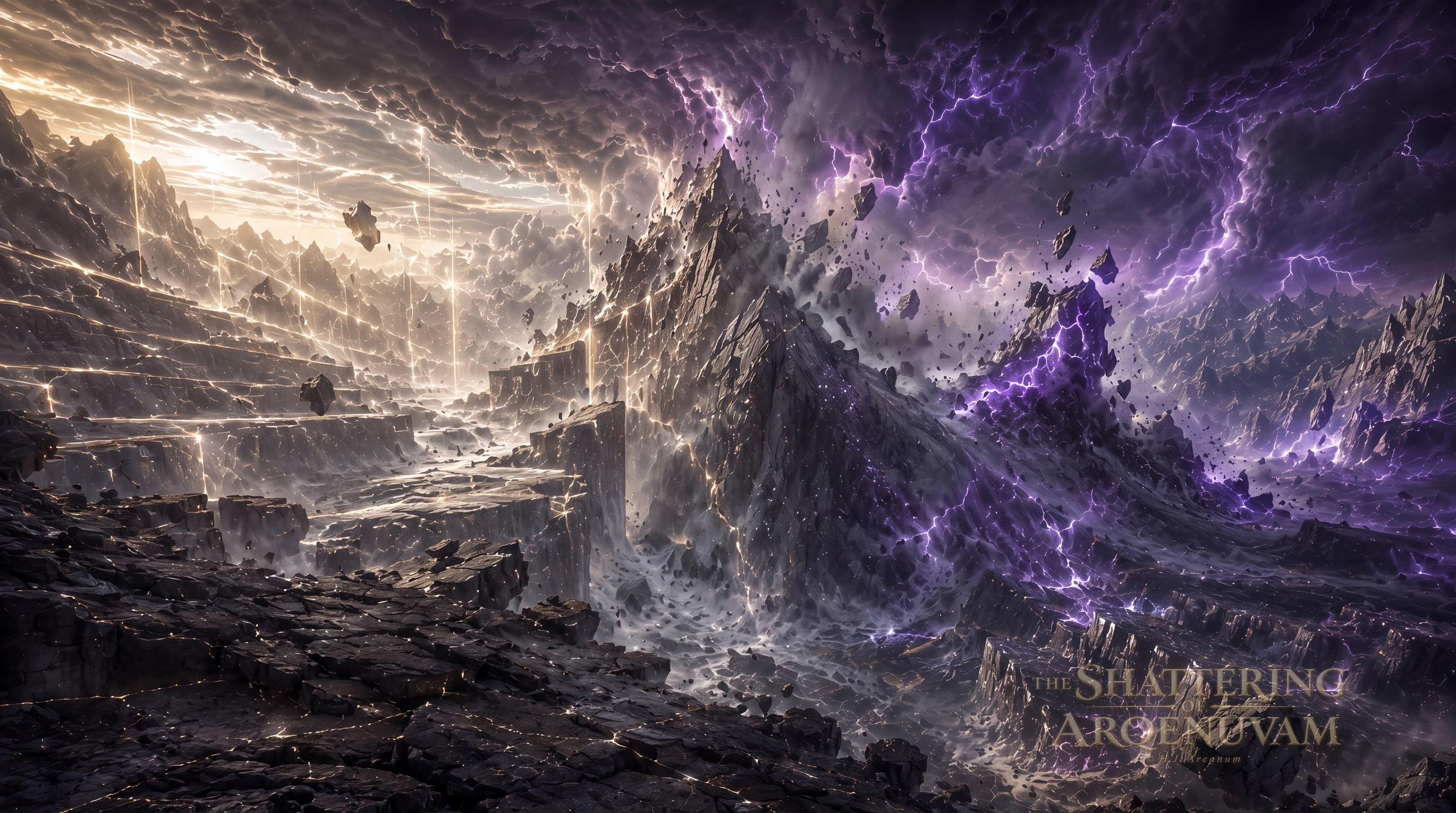 Mountain ranges split between columns of golden light and a violent violet storm during the First Celestial War.