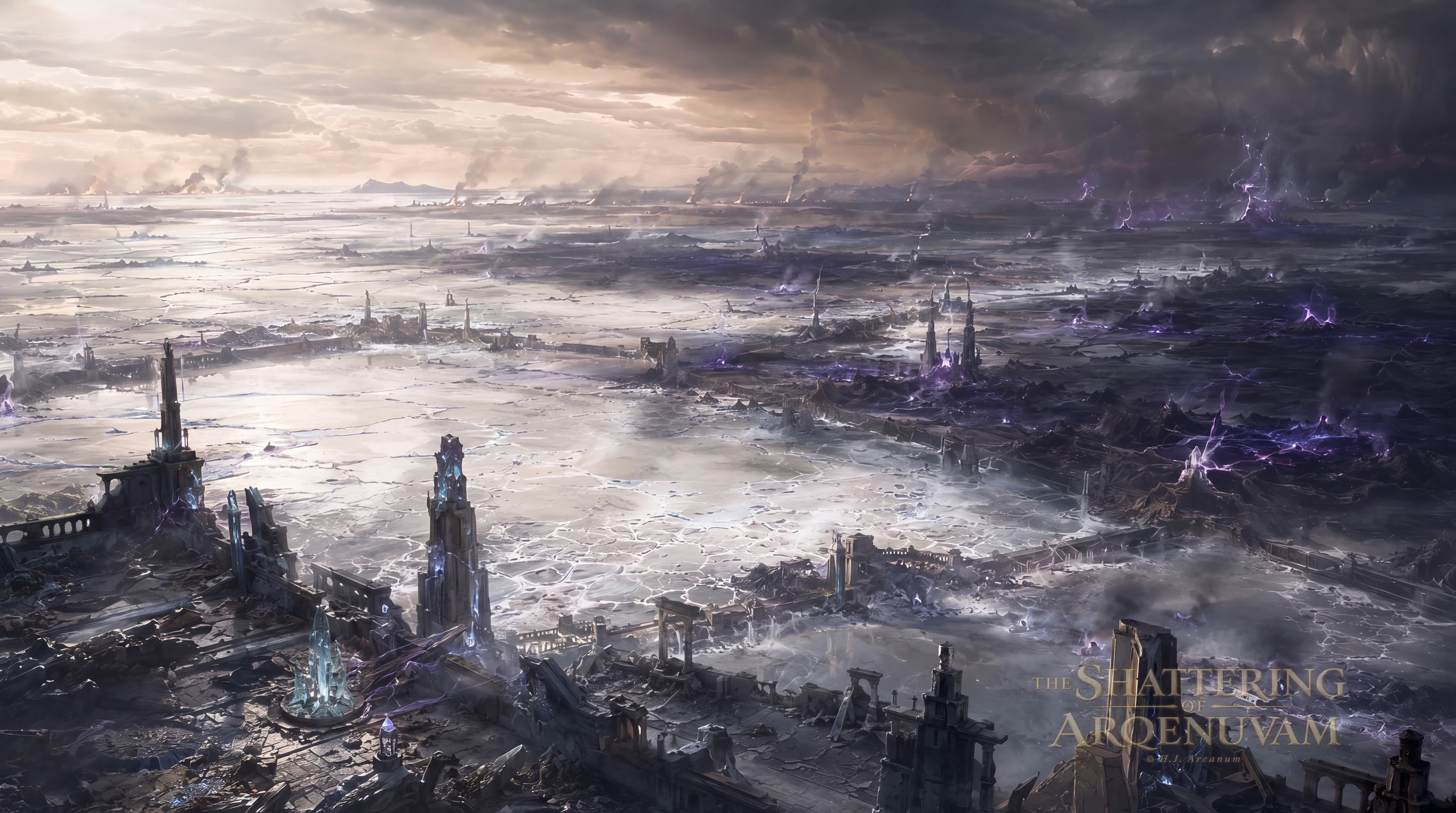 A ruined city under a storm-dark sky, with violet lightning over cracked ground at the close of the Second Celestial War.