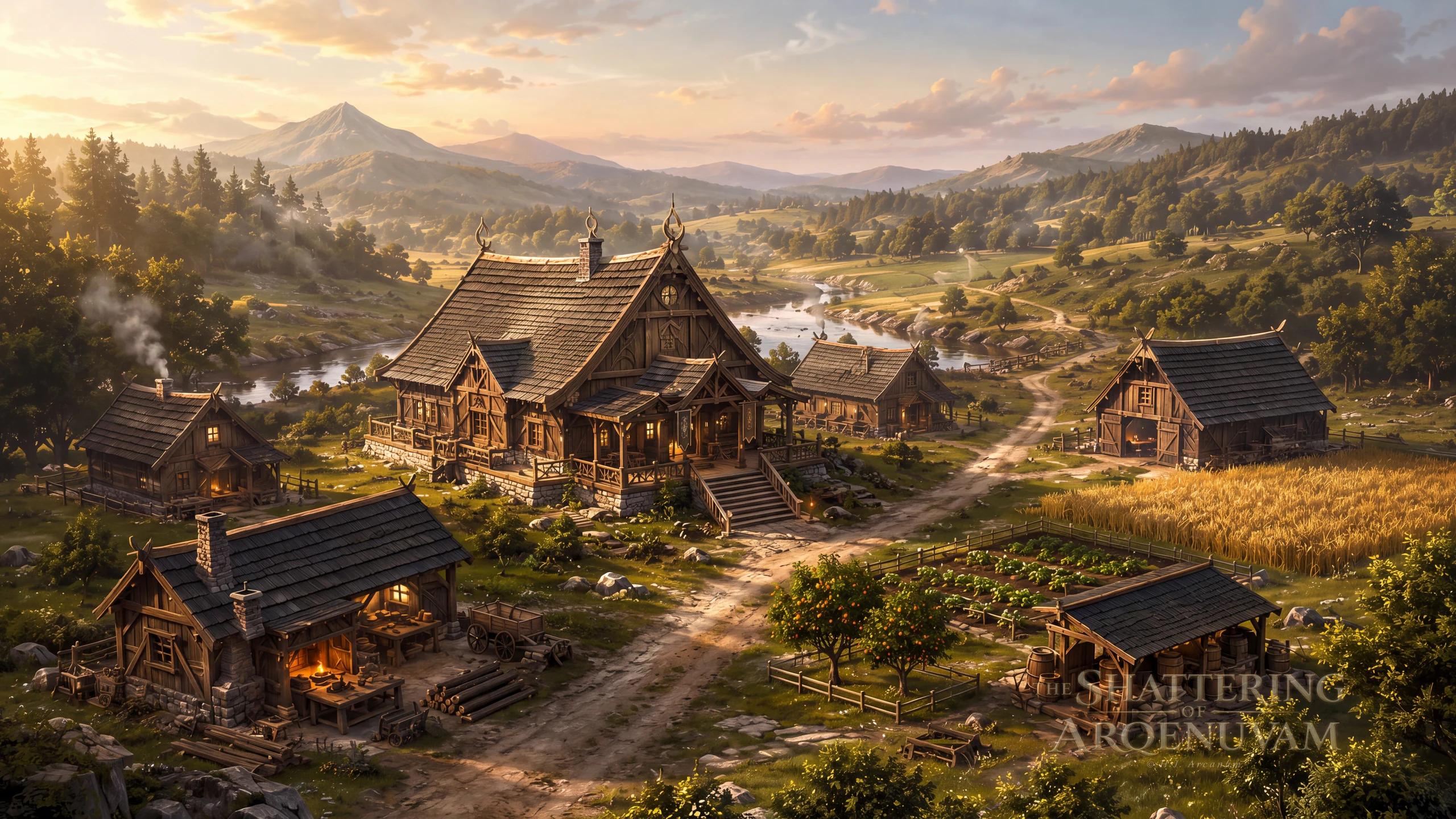 A Farfound settlement at golden hour, with timber lodges, workshops, crop fields, a winding river and mountains across a broad valley.