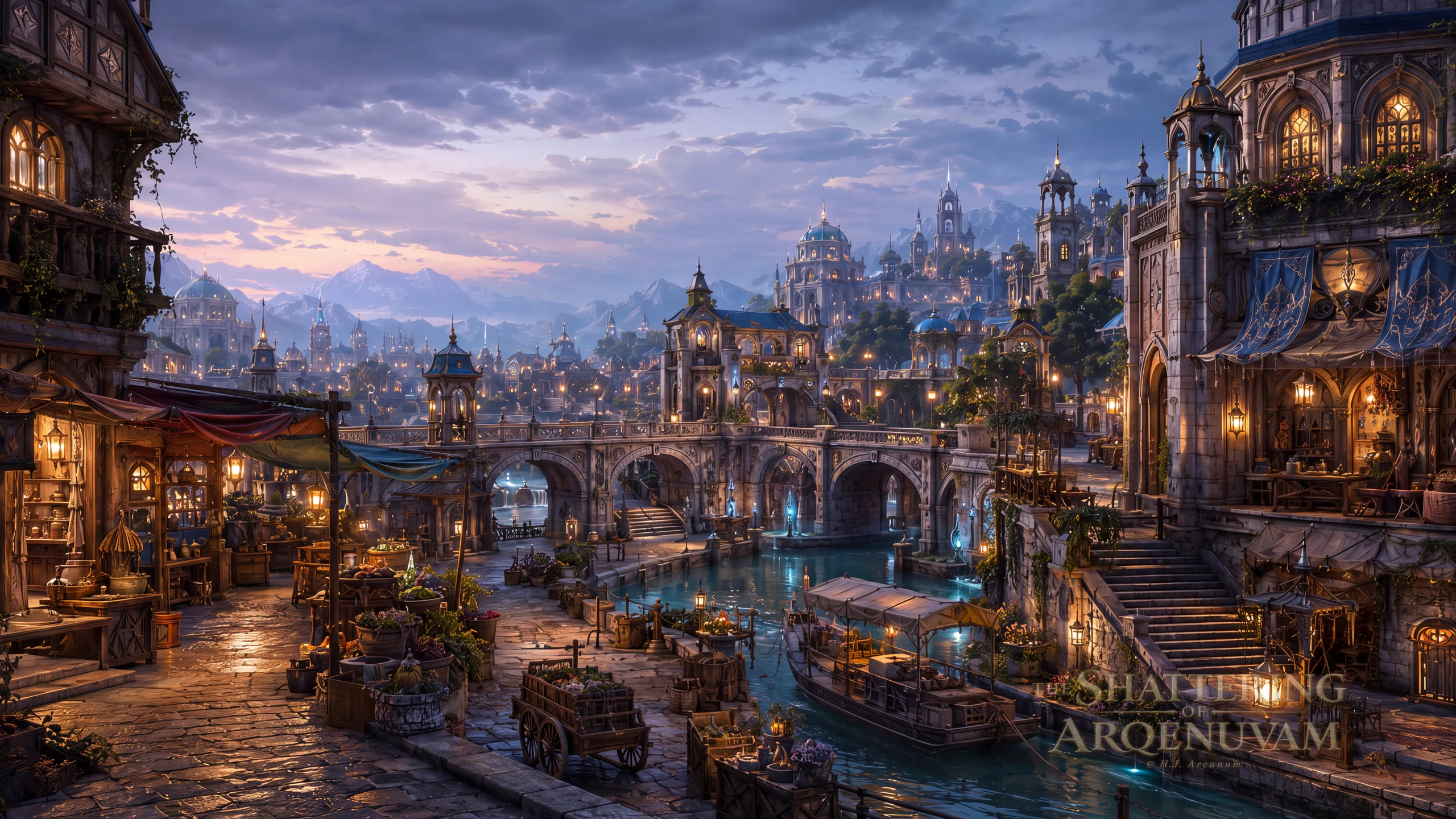 A lantern-lit Arqenuvam canal city at blue hour, with market stalls, an arched stone bridge, a moored canal boat, domed towers and mountains beyond.